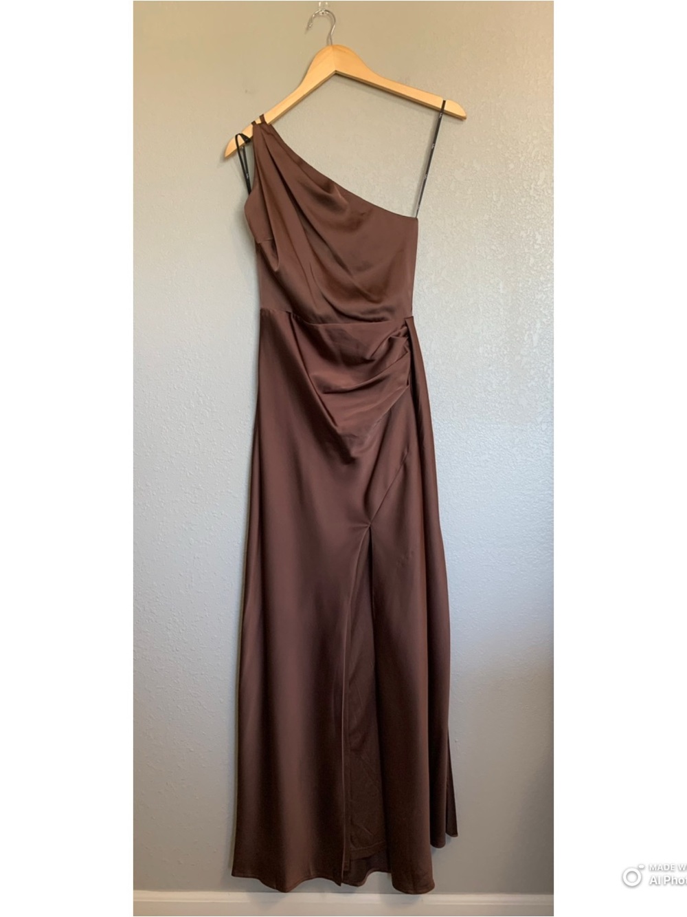 Lulus XS Signature Elegance Chocolate Brown Satin One Shoulder Maxi Dress NWT - Picture 3 of 17